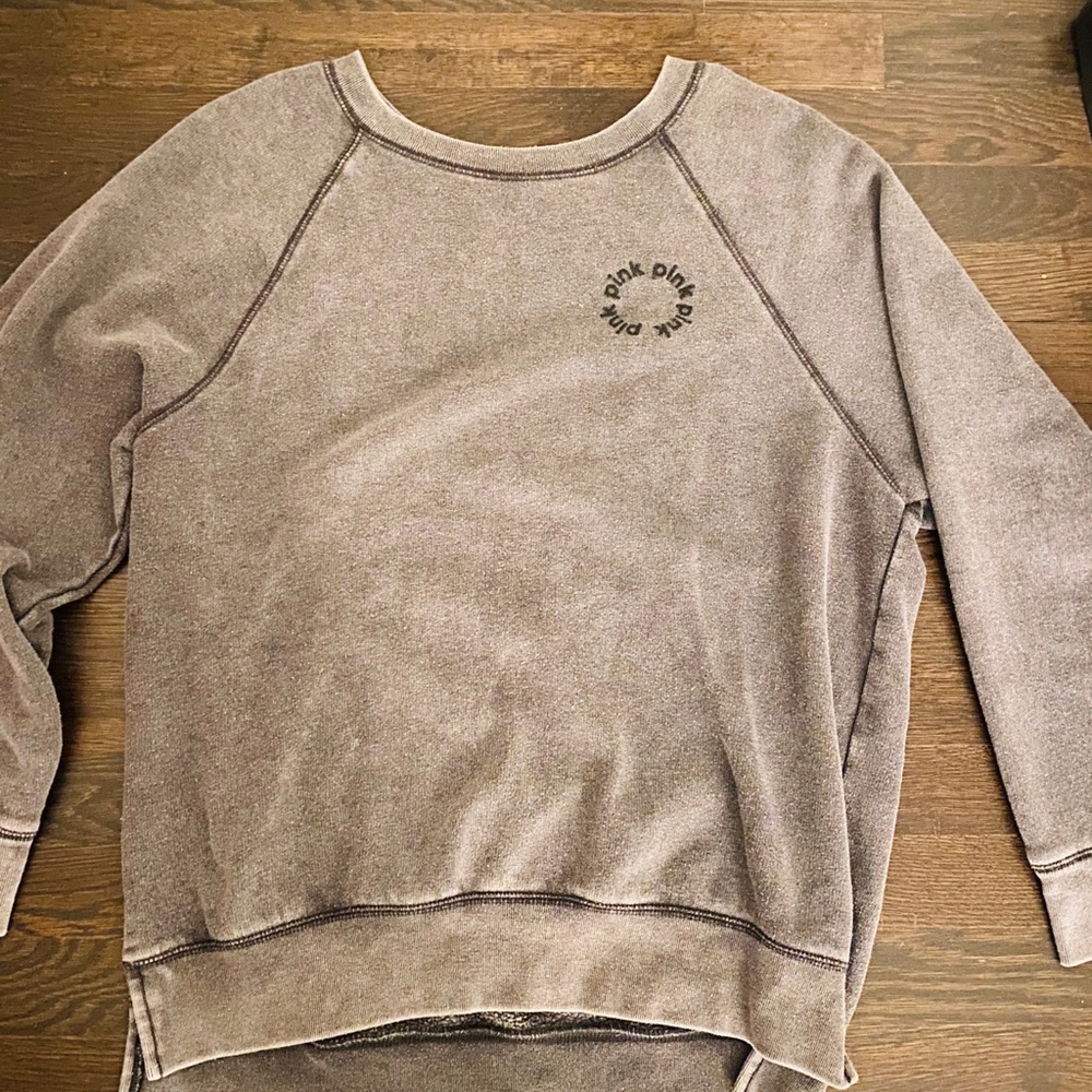 PINK Grey Fuzzy Crewneck